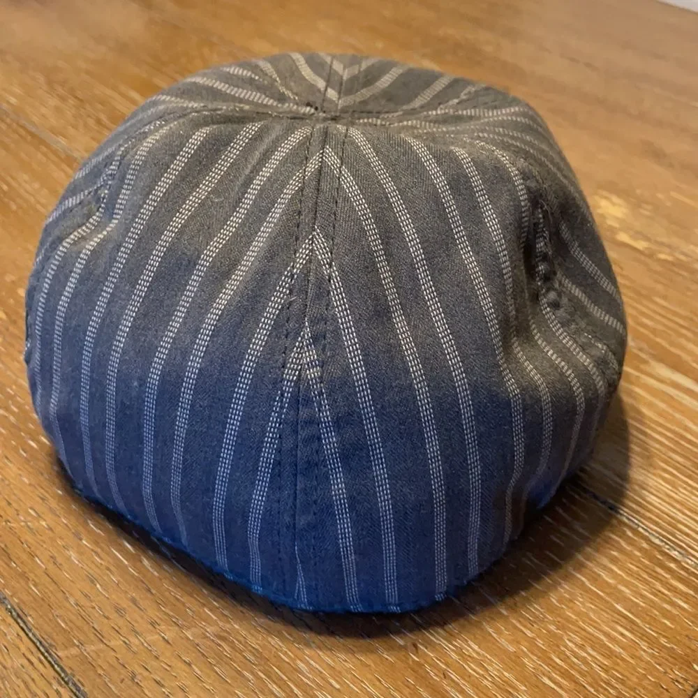 Dark and Light Gray Striped Newsboy Hat with Skull and Wings